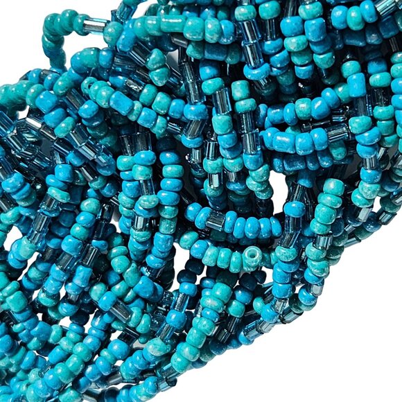 Retro Handmade Turquoise Blue Seed Beaded Chunky Rope Necklace Glass Accents - Picture 2 of 6